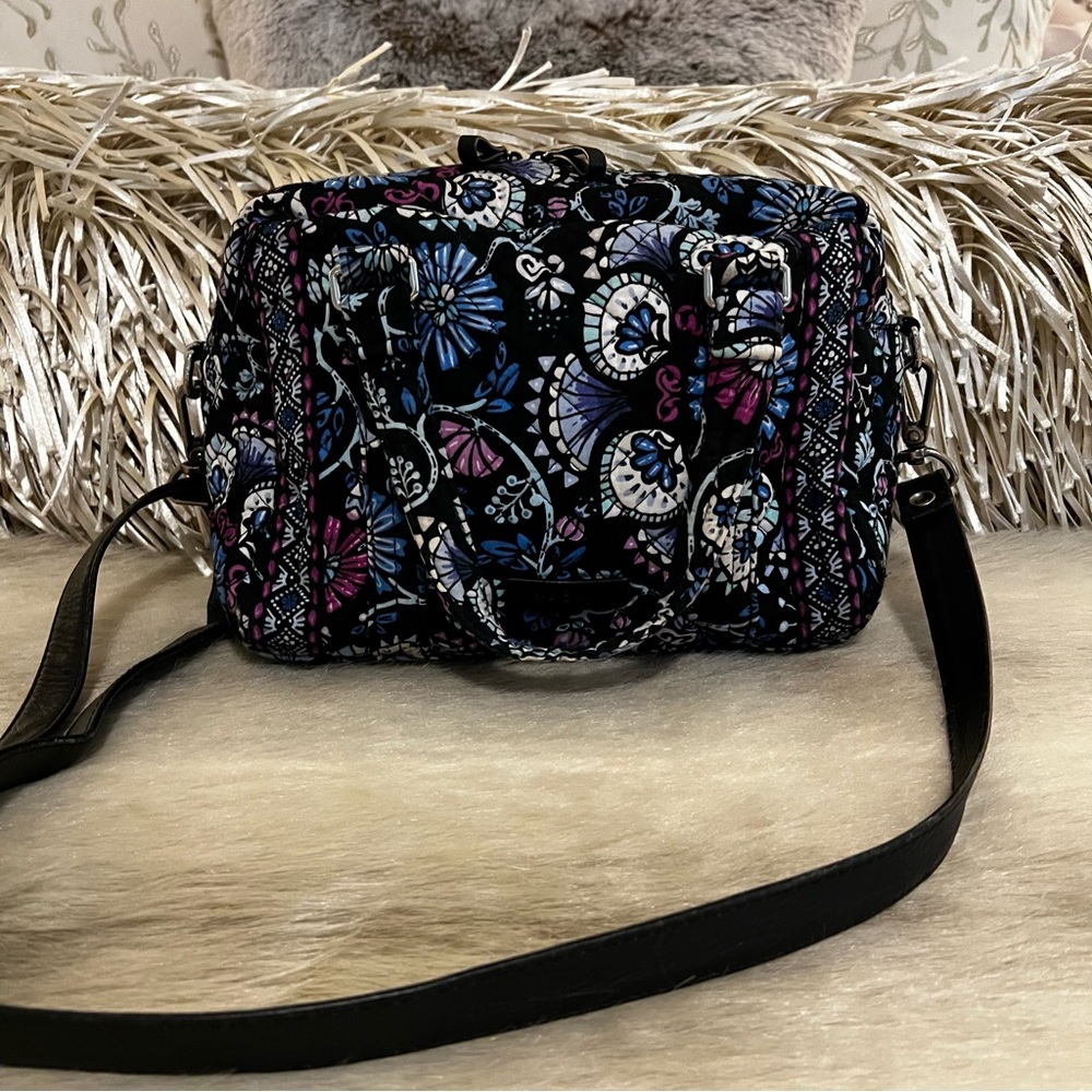 Vera Bradley Bramble 2019 Black Quilted Crossbody with Blue & Pink Floral Print